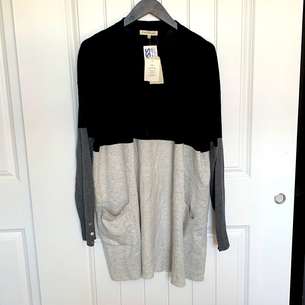 Retrology NWT Women Color Block Open Front Long Knit Cardigan Pockets Sz M Grey